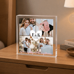 Personalized Four-Panel Collage Photo Heart Square Acrylic Plaque with Initial and Date Anniversary Birthday Gift for Wife Husband Couple