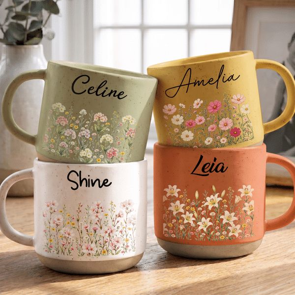 Personalised Multicolour Birth Flower 12 oz Ceramic Mug with Name Daily Use Anniversary Birthday Gift for Woman Colleague Friend Daughter