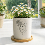 Maceta de cerámica personalizada con dibujo lineal de la flor del nacimiento y foto de la mascota, con nombre y bandeja de bambú. Decoración para el hogar, regalo conmemorativo de cumpleaños para prop