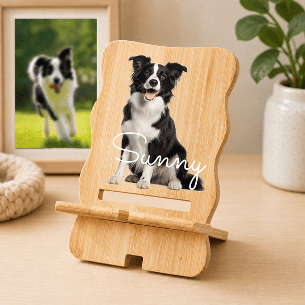 Personalized Pet Portrait Photo Wooden Phone Holder with Name Desk Decor Office Daily Use Birthday Gift for Pet Lovers