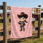 Personalized Cartoon Western Cowgirl Cowboy Kid Photo Soft Throw Blanket with Name Home Decor Birthday Gift for Boys Girls