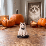Personalized Halloween Pumpkin Witch Ghost Pet Photo Figurine with Text and Wooden Base Desk Decor Halloween Gift for Pet Owner Lover