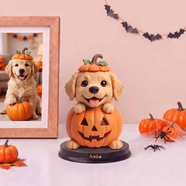 Personalized Halloween Pumpkin Witch Ghost Pet Photo Figurine with Text and Wooden Base Desk Decor Halloween Gift for Pet Owner Lover
