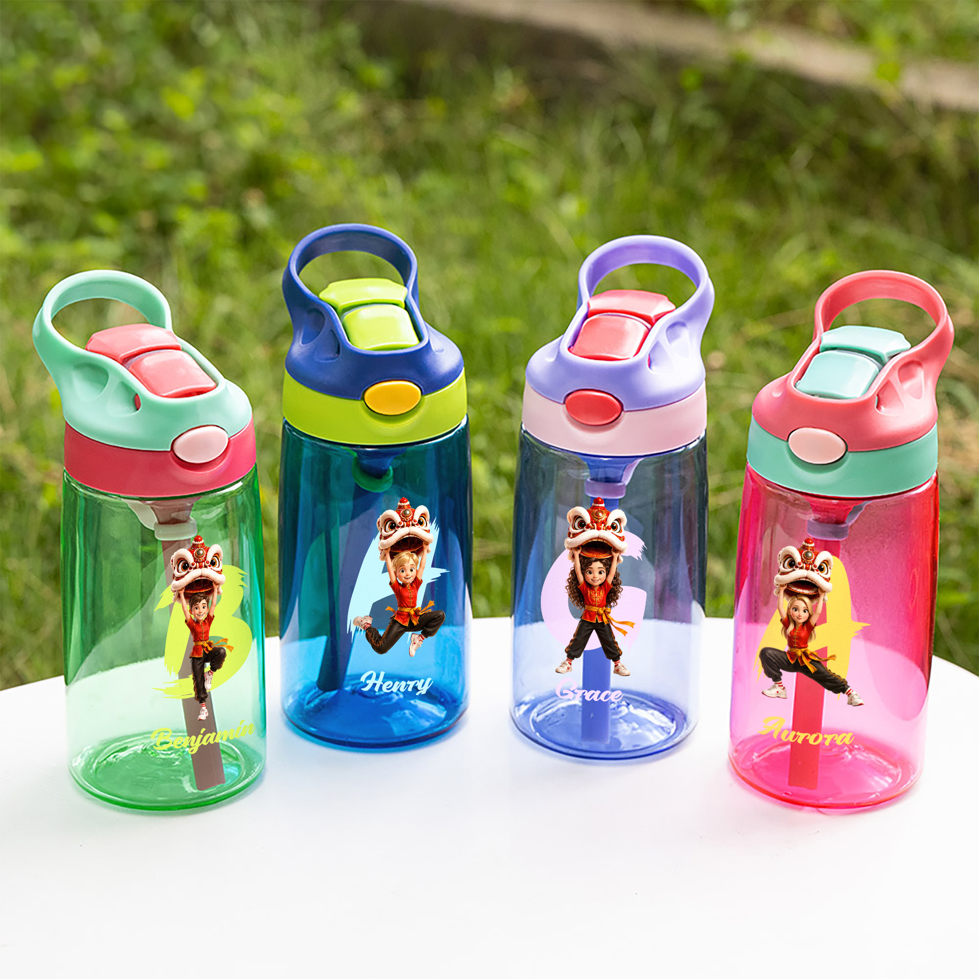 Individuell gestaltete Kinder-Trinkflasche (16 oz) mit Löwentanz-Figur aus einem Cartoon, Strohhalm und Namensaufdruck – für Outdoor-Aktivitäten, den Schulanfang und als Geburtstagsgeschenk für Kinder