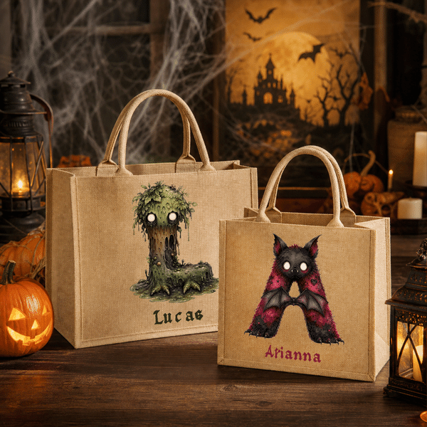 Sac fourre-tout personnalisé sur le thème d'Halloween, avec initiale et grande capacité, cadeau pour la fête d'Halloween (« Trick or Treat ») destiné aux enfants et aux passionnés d'Halloween