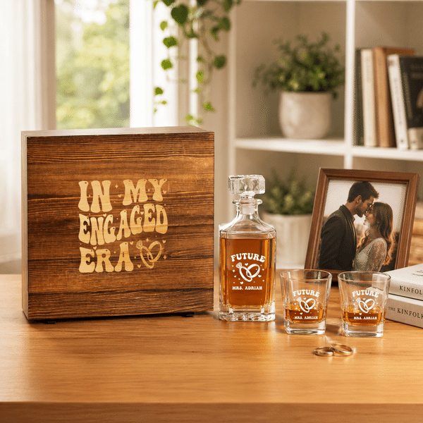 Personalized In My Engaged Era Whiskey Decanter Glasses Wooden Box Set with Name Engagement Wedding Gift for Couple Whiskey Lover