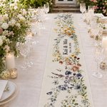 Camino de mesa personalizado con flores silvestres pintadas en acuarela, con nombre y fecha; decoración de mesa; regalo de boda para la pareja o los recién casados