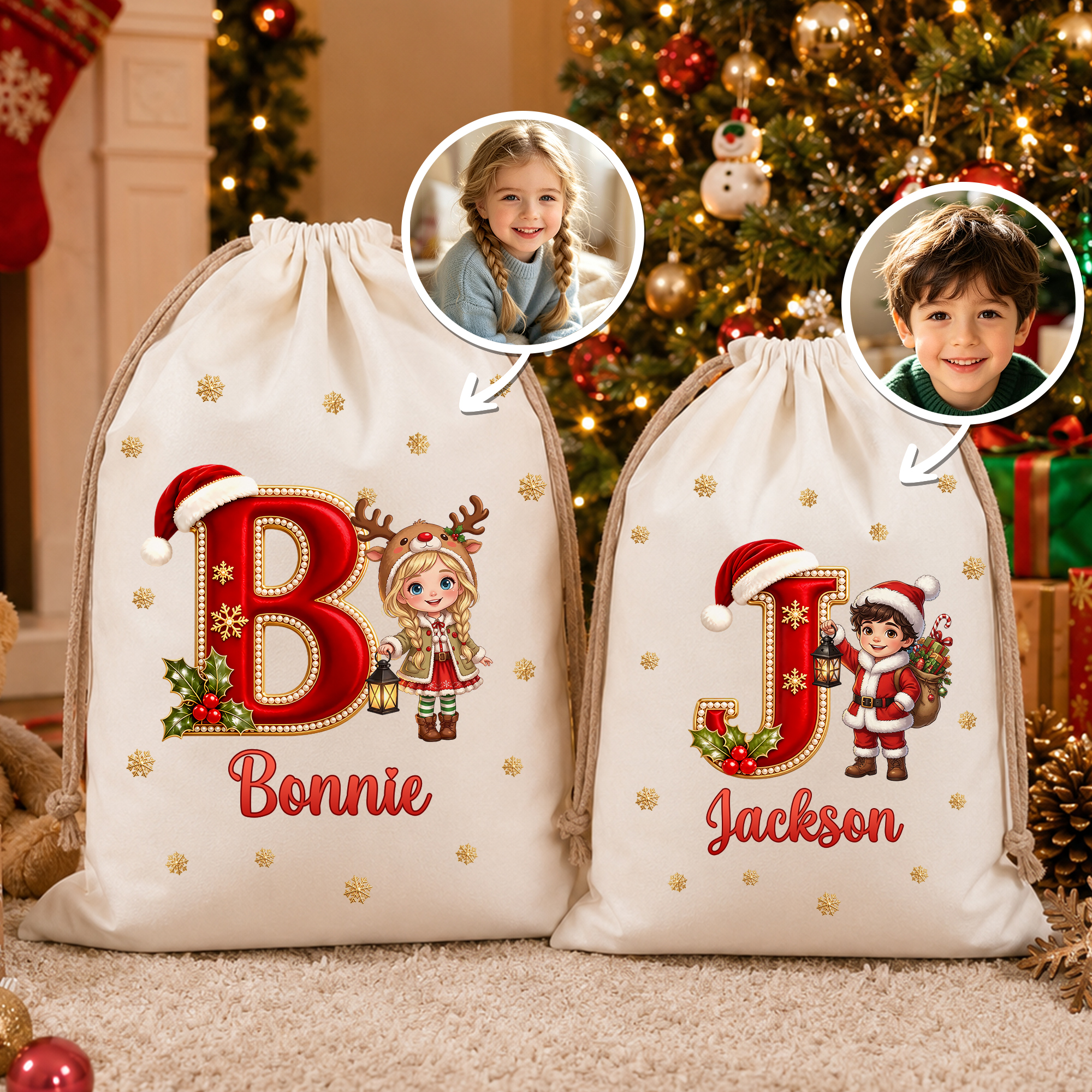 Individuell gestaltete Weihnachtsgeschenktüte mit Weihnachtsmann-Motiv, Namen und Initialen – Weihnachtsgeschenk für Familie und Freunde