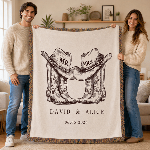 Personalized Western Mr. & Mrs. Cowboy Boots Tassel Soft Throw Blanket with Names and Date Home Decor Birthday Anniversary Gift for Couples