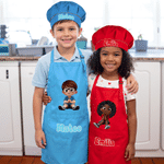 Personalized Cute Cartoon Kids Character Adjustable Apron Chef Hat Set with Name and Pocket Cooking Birthday Gift for Boys Girls