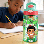 Personalized Comic Style Photo Word Cloud 16 oz Kid Water Bottle with Name Back to School Birthday Gift for Boys Girls