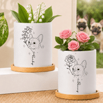 Maceta de cerámica personalizada con dibujo lineal de la flor del nacimiento y foto de la mascota, con nombre y bandeja de bambú. Decoración para el hogar, regalo conmemorativo de cumpleaños para prop