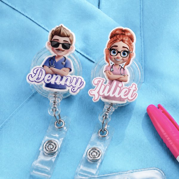 Personalized Cartoon Medical Character Acrylic Retractable Badge Reel with Name Nurses' Day Appreciation Birthday Gift for Doctor Nurse