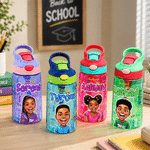 Personalized Comic Style Photo Word Cloud 16 oz Kid Water Bottle with Name Back to School Birthday Gift for Boys Girls