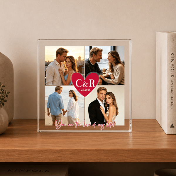 Personalized Four-Panel Collage Photo Heart Square Acrylic Plaque with Initial and Date Anniversary Birthday Gift for Wife Husband Couple