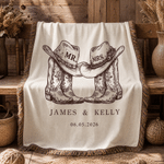 Personalized Western Mr. & Mrs. Cowboy Boots Tassel Soft Throw Blanket with Names and Date Home Decor Birthday Anniversary Gift for Couples