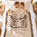 Personalized Western Mr. & Mrs. Cowboy Boots Tassel Soft Throw Blanket with Names and Date Home Decor Birthday Anniversary Gift for Couples