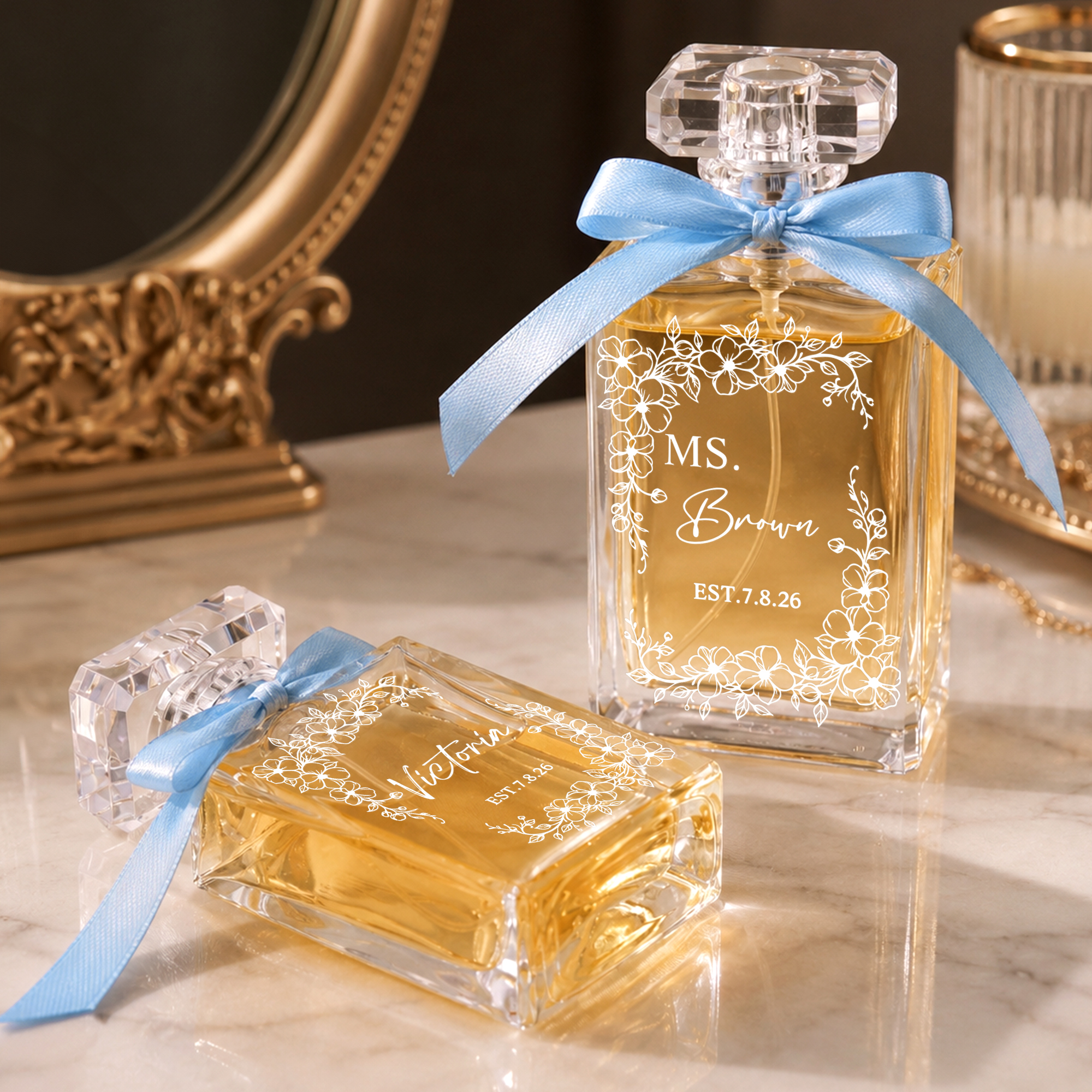 Personalised Floral Bow Refillable Durable 1-3 oz Glass Perfume Bottle with Name and Title Bridal Party Anniversary Wedding for Bridesmaid Best Friend
