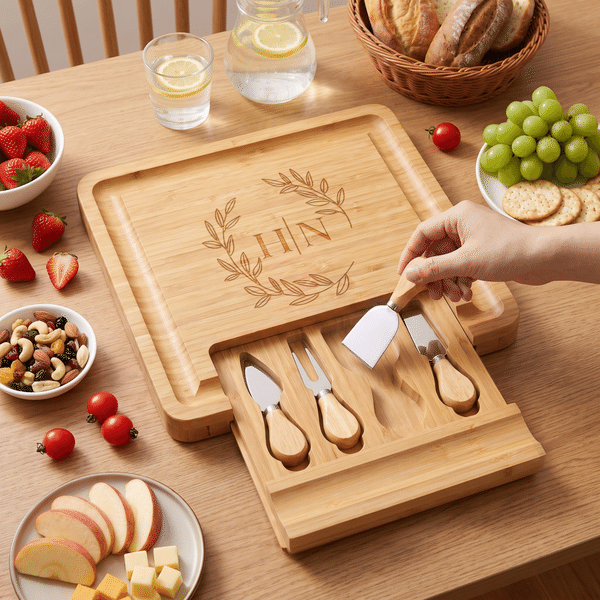 Personalized Engraved Initial Wreath  Bamboo Cutting Board with Drawer Housewarming Wedding Anniversary Gift for Couple Family