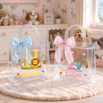 Personalized Pink Blue Bow Cute Cartoon Animal Initial Transparent Bag with Name Daily Use Travel Birthday Gift for Boys Girls