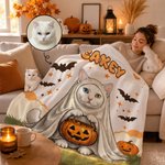 Personalized Cute Halloween Pet Photo Ghost Soft Throw Blanket with Name Daily Use Home Decor Halloween Gift for Pet Owners Lovers