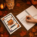 Personalised Halloween Theme Kitty Pumpkin Sweets A5 Spiral Notebook with Name and Text Halloween Gift for Kid Halloween Lover