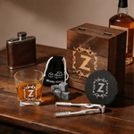 Personalized Engraved Initial Retro Whiskey Glass Set with Wooden Box and Coaster Birthday Graduation Anniversary Gift for Dad Husband Friend