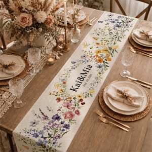 Personalized Watercolor Wildflowers Table Runner with Name and Date Table Decor Bridal Shower Wedding Gift for Couple Newlywed