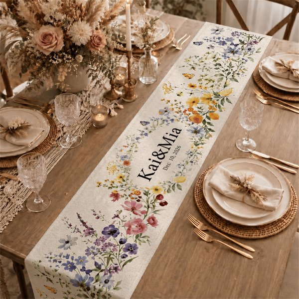 Personalized Watercolour Wildflowers Table Runner with Name and Date Table Decor Bridal Shower Wedding Gift for Couple Newlywed