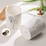 Maceta de cerámica personalizada con dibujo lineal de la flor del nacimiento y foto de la mascota, con nombre y bandeja de bambú. Decoración para el hogar, regalo conmemorativo de cumpleaños para prop