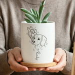 Maceta de cerámica personalizada con dibujo lineal de la flor del nacimiento y foto de la mascota, con nombre y bandeja de bambú. Decoración para el hogar, regalo conmemorativo de cumpleaños para prop