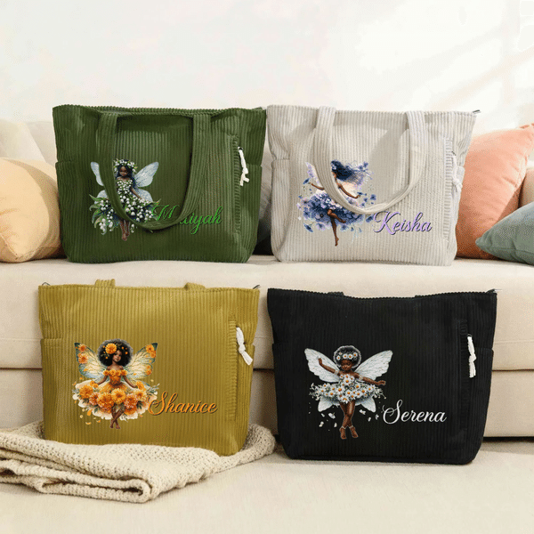 Personalised Birth Flower Black Fairy Large Capacity Corduroy Tote Bag with Name and Zipper Travel Birthday Gift for Black Girls