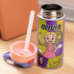 Personalized Cartoon Kid Photo Name 12 oz Insulated Water Bottle with Straw and Handle Back to School Birthday Gift for Boys Girls
