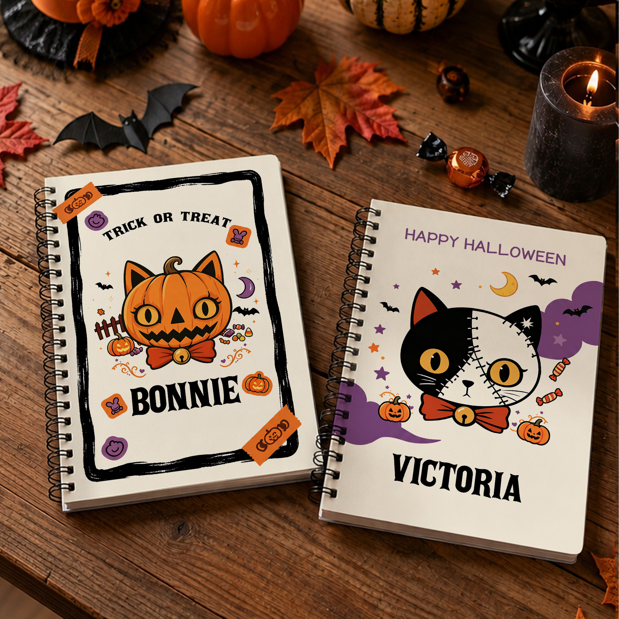 Personalisiertes A5-Spiralnotizbuch im Halloween-Design mit Kitty-Kürbis-Motiv, Namen und Text – Halloween-Geschenk für Kinder und Halloween-Fans