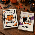 Personalised Halloween Theme Kitty Pumpkin Sweets A5 Spiral Notebook with Name and Text Halloween Gift for Kid Halloween Lover