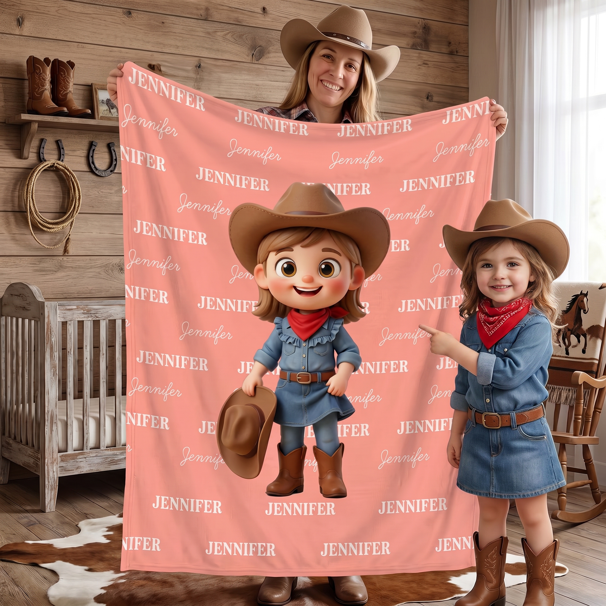Individuell gestaltete, weiche Fotodecke im Cartoon-Stil mit Western-Motiven (Cowgirl, Cowboy, Kind) und Namensaufdruck – Wohnaccessoire und Geburtstagsgeschenk für Jungen und Mädchen