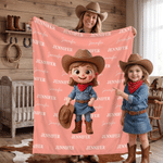 Personalized Cartoon Western Cowgirl Cowboy Kid Photo Soft Throw Blanket with Name Home Decor Birthday Gift for Boys Girls