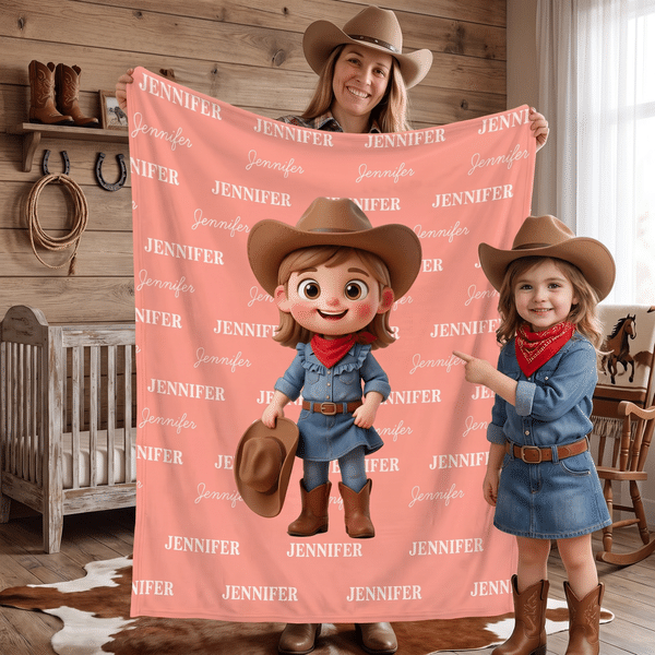 Personalized Cartoon Western Cowgirl Cowboy Kid Photo Soft Throw Blanket with Name Home Decor Birthday Gift for Boys Girls