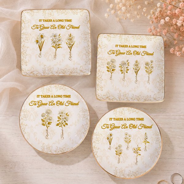 Personalised Vintage Birth Flower Ceramic Trinket Jewellery Dish with 1-10 Names Home Decor Anniversary Gift for Friends Besties