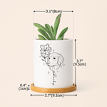 Maceta de cerámica personalizada con dibujo lineal de la flor del nacimiento y foto de la mascota, con nombre y bandeja de bambú. Decoración para el hogar, regalo conmemorativo de cumpleaños para prop
