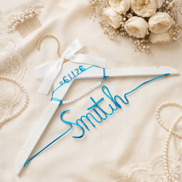 Personalized Bow Peal Wooden Wedding Dress Hanger with Wire Text and Date Dressing Room Decor Wedding Bridal Shower Gift for Bride Bridesmaid