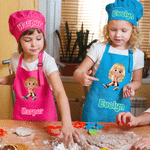 Personalized Cute Cartoon Kids Character Adjustable Apron Chef Hat Set with Name and Pocket Cooking Birthday Gift for Boys Girls