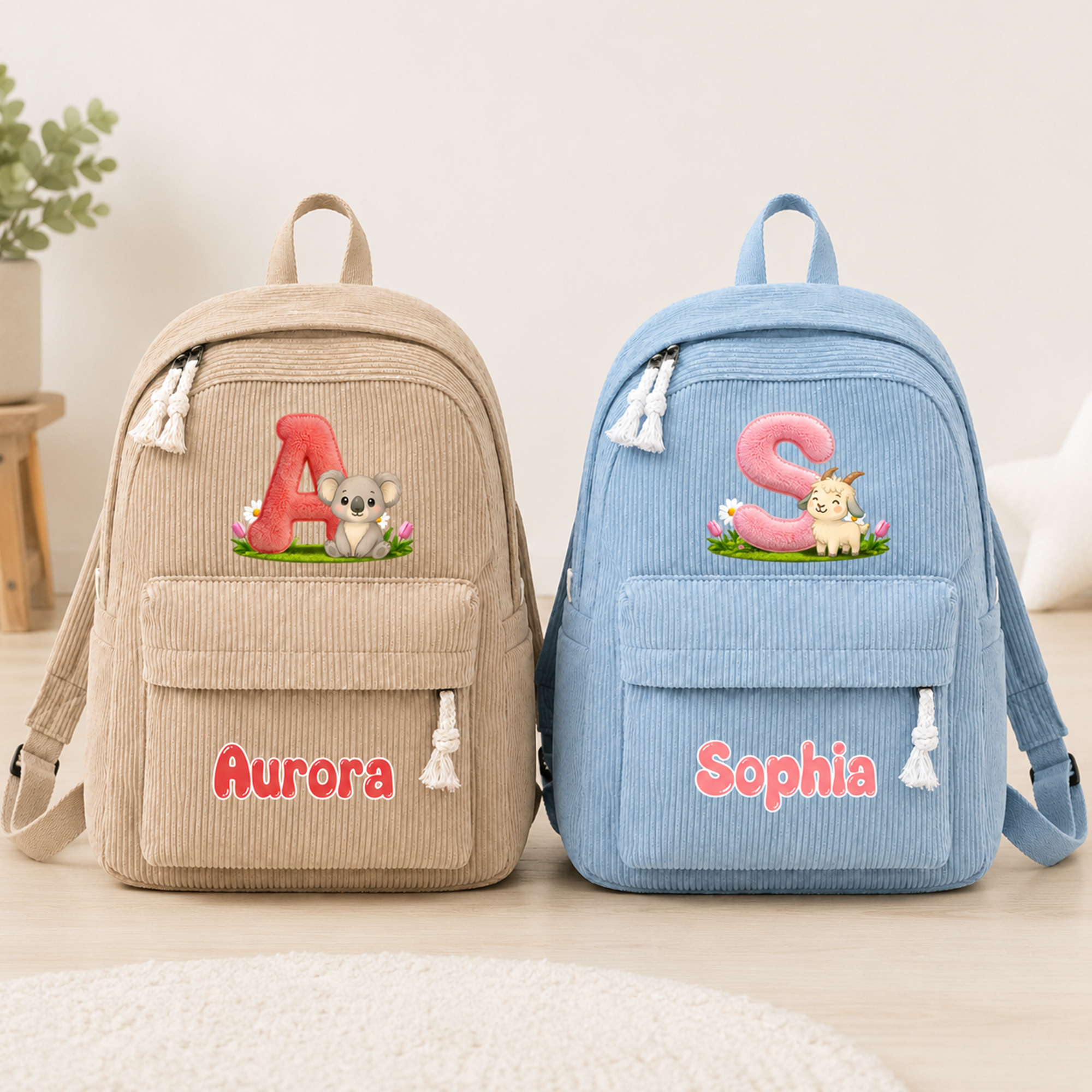 Individuell gestalteter Rucksack aus mehrfarbigem Cord mit Tier-Cartoon-Motiv und Namensaufdruck – für den täglichen Gebrauch, als Geburtstags- oder Schulanfangsgeschenk für Kinder und Kleinkinder