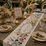 Camino de mesa personalizado con flores silvestres pintadas en acuarela, con nombre y fecha; decoración de mesa; regalo de boda para la pareja o los recién casados