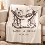 Personalized Western Mr. & Mrs. Cowboy Boots Tassel Soft Throw Blanket with Names and Date Home Decor Birthday Anniversary Gift for Couples