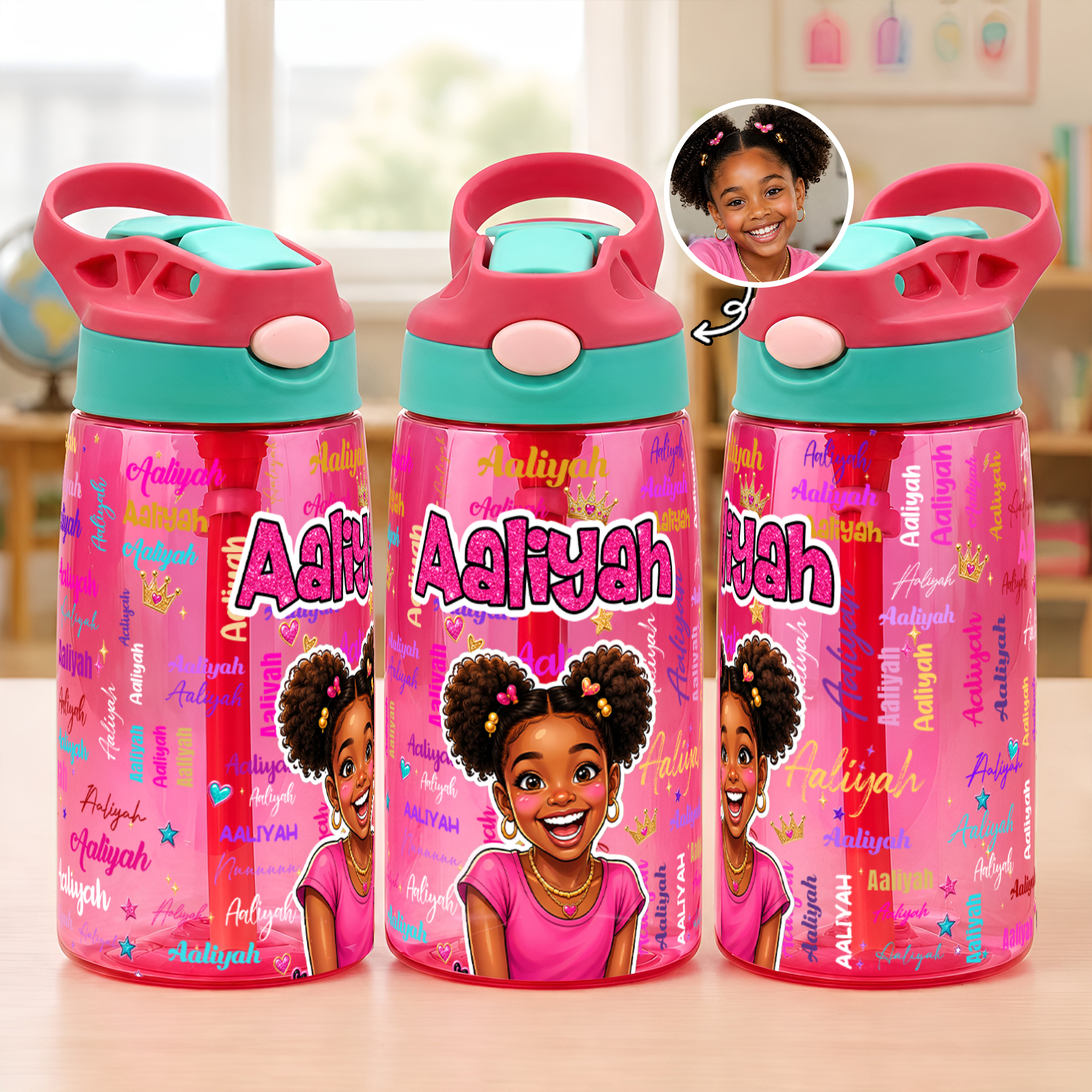 Personalisierte Wasserflasche für Kinder (16 oz) im Comic-Stil mit Fotowortwolke und Namen – Geschenk zum Schulanfang oder Geburtstag für Jungen und Mädchen