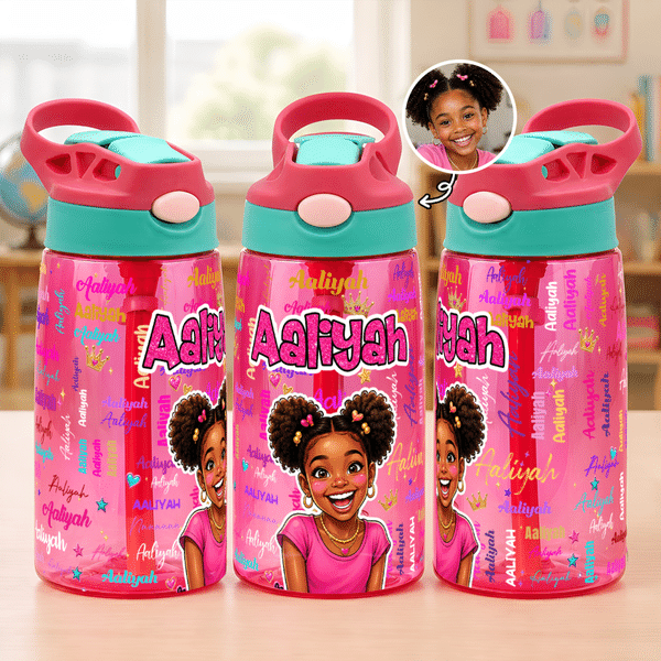 Personalized Comic Style Photo Word Cloud 16 oz Kid Water Bottle with Name Back to School Birthday Gift for Boys Girls