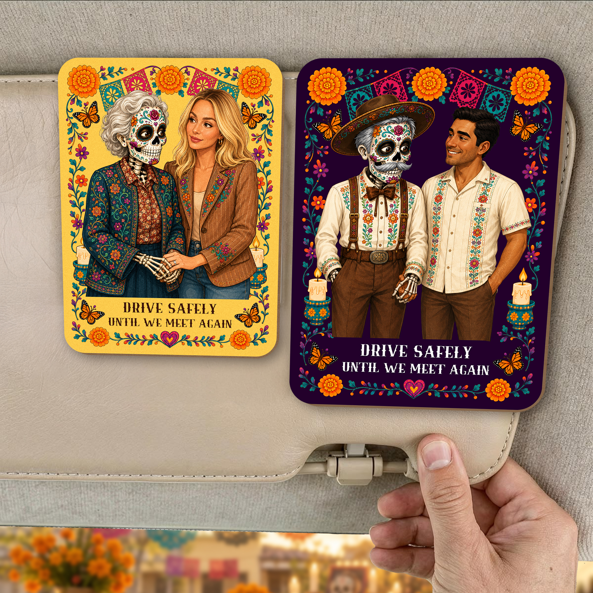 Individuell gestalteter Auto-Sonnenblendenclip aus Holz mit Papier-Schnitt-Motiv „Zuckerschädel“ – Foto-Andenken – Halloween – Tag der Toten – Geschenk für Familie und Freunde