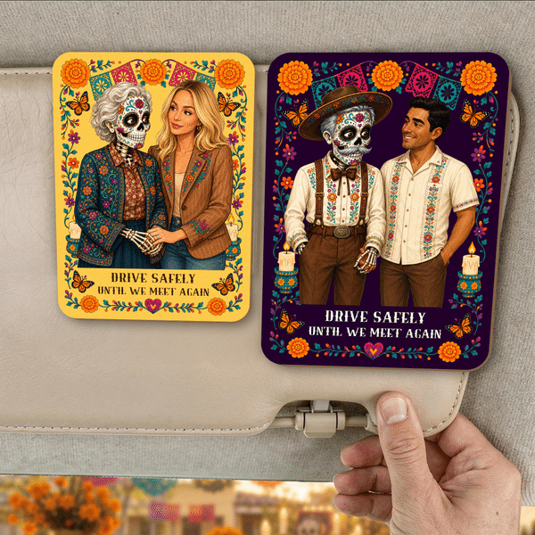 Personalized Paper-Cut Sugar Skull Design Photo Memorial Wooden Car Visor Clip Halloween Day of the Dead Gift for Family Friends