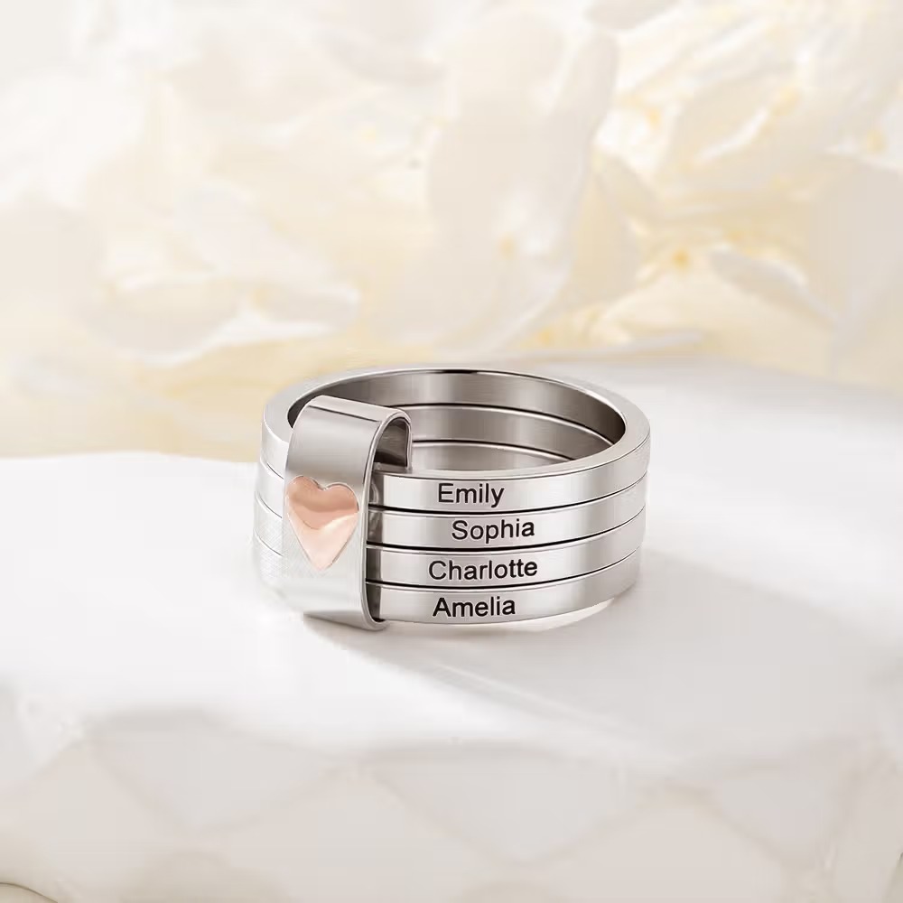 Personalized Sterling Silver Name Stacking Rings - Engraved 2-7 Bands with Heart Accent, Daily Wear Jewelry for Her